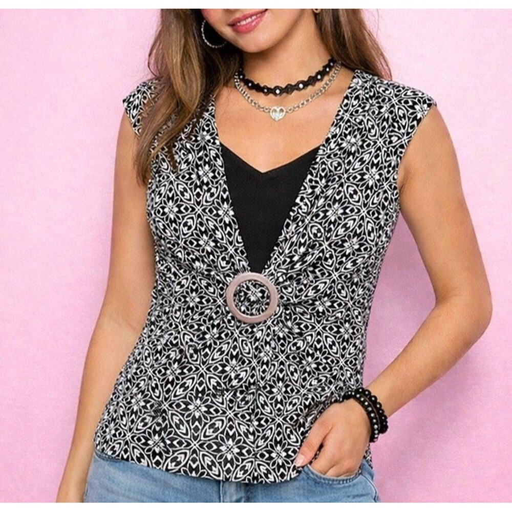 Vtg JTB Womens Large (?) Shirt Babydoll‎ Preppy Clean Goth Y2K 90s Layered Look